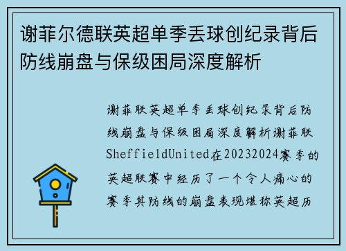 谢菲尔德联英超单季丢球创纪录背后防线崩盘与保级困局深度解析 谢菲尔德联英超单季丢球创纪录背后防线崩盘与保级困局深度解析
